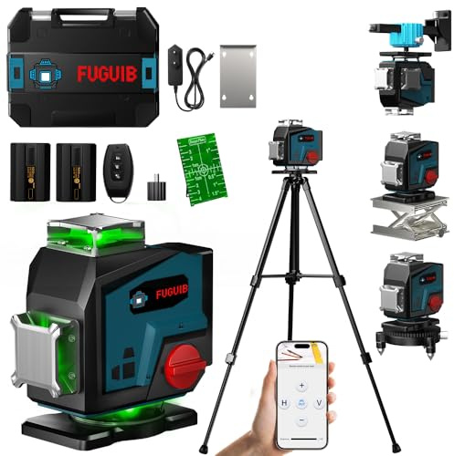 Nivel Laser Autonivelante 360 Grados con Trípode, Nivel Láser Verde 16 Líneas, 2 x 360 Horizontal y 2 x 360 Verticales, 2 x 5200mAh Batería, Control Remoto, Base Magnética, Soporte Giratorio