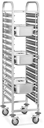 Royal Catering RCTW-16GN.1 Chariot de Transport Chariot à Plateaux (150 kg, Capacité de Charge 16 Récipients GN 1/1, Sécurités Verticales des Bacs) Acier Inox