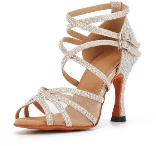 Syrads Zapatos de Baile Latino con pedrería para Mujer Salsa Tango Moderna Bachata Zapatos de Baile de Salón Suela Blanda 1057-01