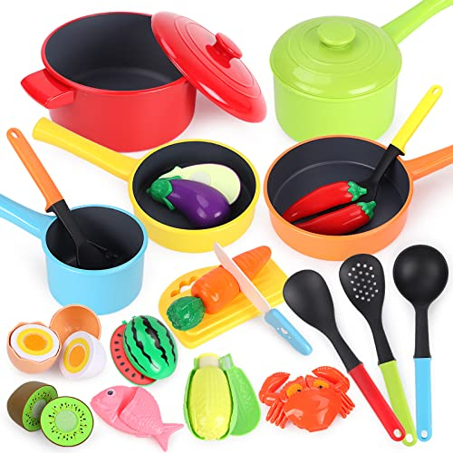 GILOBABY Kinderküche Zubehör, Spielküche Zubehör, Küchenzubehör Kinder Spielzeug Lebensmittel mit Topfset und Kochgeschirr, Lernspiele Kinderspielzeug Geschenk für Jungen Geburtstag ab 3 Jahre (Rot)