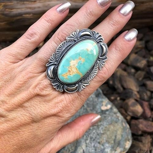 Anillo de turquesa para mujer, anillos de plata de ley 925, anillo solitario ovalado, anillos de piedras preciosas naturales vintage, joyería occidental, joyería victoriana de plata antigua, anillo