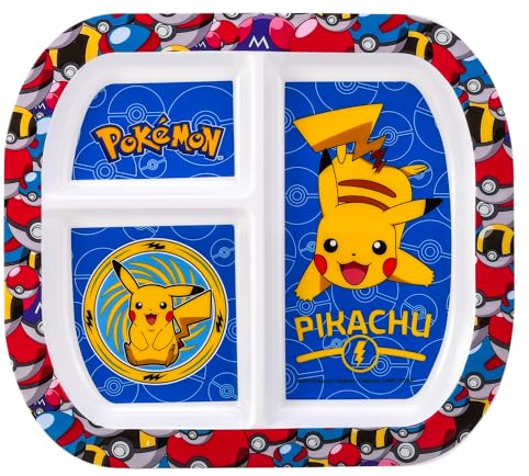 Stor Assiette à 3 sections réutilisables pour enfants et tout-petits avec des personnages Pokémon imprimés, certifiée qualité alimentaire, durable et adapté au micro-ondes et lave-vaisselle