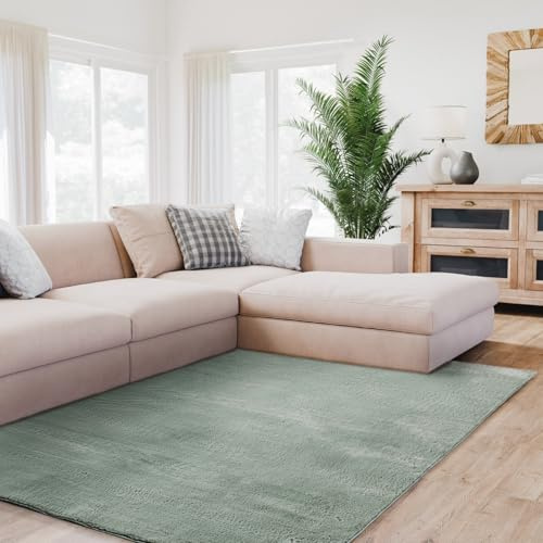 Interiyou Fargo - Teppich Wohnzimmer 60x120 cm Grün - Kurzflor Waschbar und rutschfest - Flauschiger Fellteppich aus Kunstfell - weicher Langflor Fell