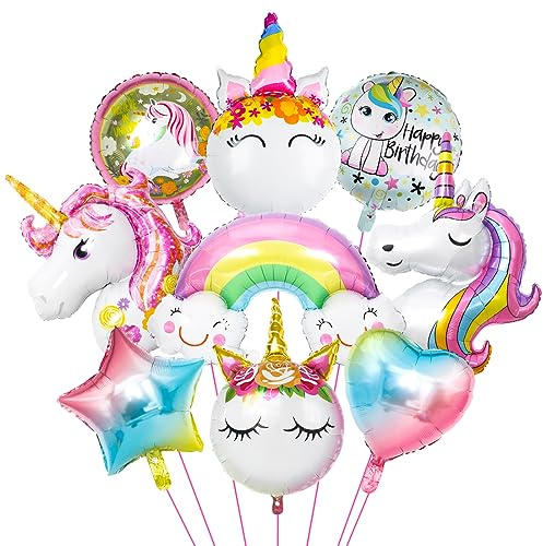 9 Stück Luftballon Einhorn, XXL Folienballon Einhorn, Unicorn Ballon Set, Regenbogen Stern Herz Helium Ballon, Runde Einhorn Geburtstags Luftballon für Mädchen Geburtstags Festival Party Dekoration