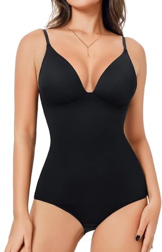 Irisnaya V Neck Bodysuits with Built in Bra Sleeveless Body Suits for Women
