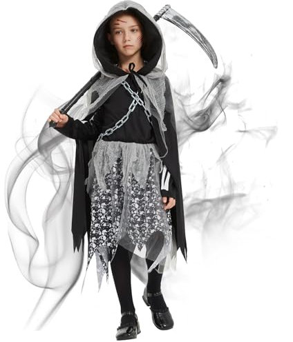 Joellfuner Deguisement Halloween Faucheuse Fille, Costume de Faucheuse pour Enfant avec Faucille Chaîne, Costume Faucheuse Cape Noire Halloween à Capuchon pour Carnaval Fête de Cosplay (XL)