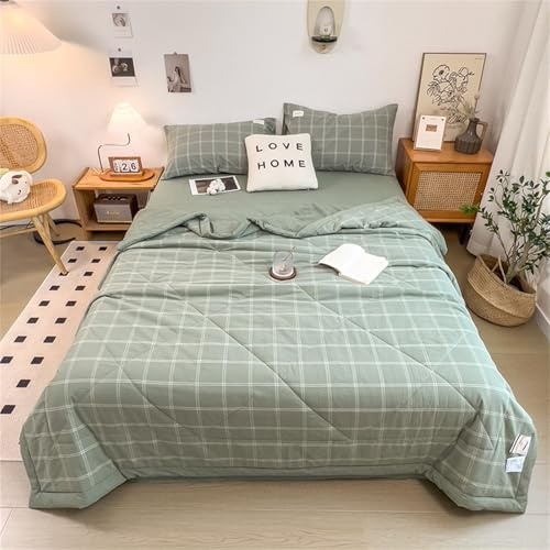 Highdi Bedding Couette, Carreaux Simples Été Douce Microfibre, Poids Léger Couette Enfant, pour 2 Personnes (Vert, 200x230cm)