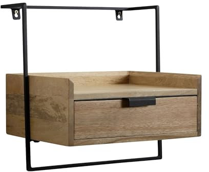 FineBuy Nachtkonsole für Wandmontage 44x45x35 cm Mango Massivholz Braun, Nachttisch mit Schublade, Wandboard Schwebend für Boxspringbett, Nachtschrank Nachtkästchen Hängend