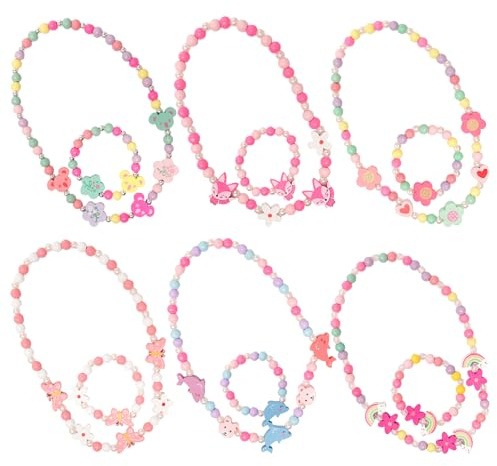 Sxutop 6 Set Princess Jewelry Bags Colorful Kid Bracelet Cute Beaded Necklace Girls Charm Bracelet Wooden Beaded Friendship Bracelet for Girls & Children Jewellery Stocking Fillers Presents for Kids