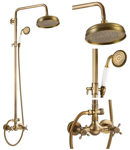 Antik mässing 20 cm regn duschhuvud exponerad duschkran set med dubbla funktioner korshandtag duscharmatur kombosystem