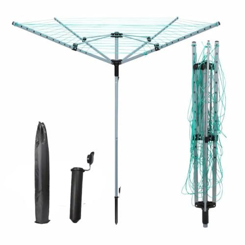 4 Arm 60M Rotary Washing Line for Outdoor Garden, Portable Folding Washing Line Rotating Clothes Airer Dryer with Ground Spike & Cover, Green