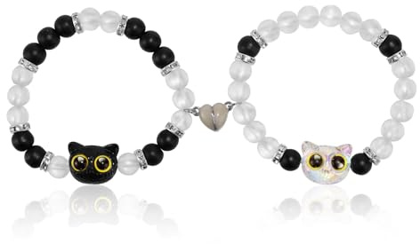 Lyreh 2uds Pulsera a Juego Gato, Pulseras Amistad Pareja de Acrílico Magnéticas Elásticas Bonitas Gato para Pareja o Amigo Regalo Único Estilo Y2k(Blanco y Negro)