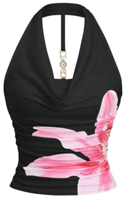 GORGLITTER Women's Cowl Neck Ruched Halter Top Draped Metal Decor Slim Fit Elegant Tops Black Floral Small