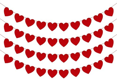 4 PCS Red Heart Hanging Garlands,Valentines Decorations,Heart Bunting for Valentine's Day,Wedding and Anniversary Decoration