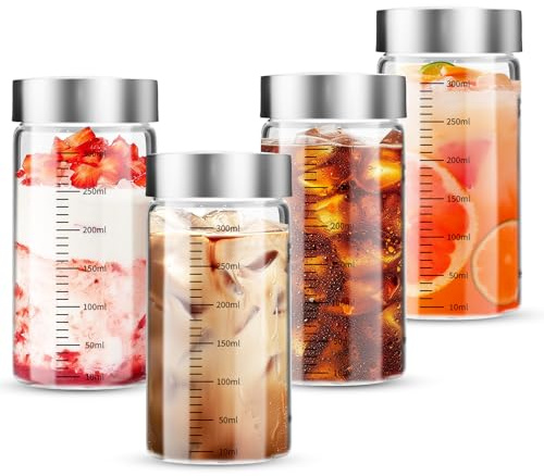 4 Botella de Agua de Cristal,300ml Botellas de Cristal con Tapa de Acero Inoxidable,sin BPA, Reutilizable,para Zumos, Batidos, Café,Leche, Té, Leche Vegetal y Mucho Más