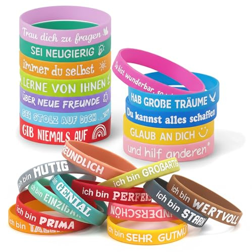 GalaSingForU 24 Motivationsarmband för barn, 24 färger, silikon | Motivationsarmband för barn med tyska citat, 18 cm. Till förskoleavslutning, skolstart och födelsedag