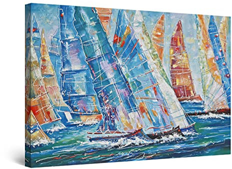 Startonight Quadro su Tela Sfilata di Barche a Vela, Blu Intenso - Quadri Moderni Mare - Stampe Camere da Letto Stampe Incorniciate 60x90 cm, Decorazione Parete, Idea Regalo Elegante Luminoso al Buio