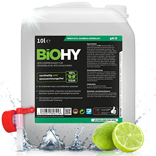BiOHY Geschirrreiniger für gewerbliche Spülmaschinen (10 Liter Kanister) + Auslaufhahn | Maschinenspülmittel für Geschirr | ergiebig, flüssig & phosphatfrei | für Gastro & Gewerbe
