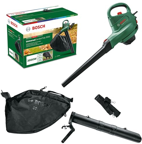 Bosch GardenTidy 3000 Souffleur électrique et aspirateur Universel (3000 W, Sac de récupération 50 l, Vitesse Variable, pour souffler, Aspirer et déchiqueter, Poids : 4,7 kg, Emballage Carton)