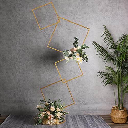 YALLOVE Supporto per fiori quadrato in metallo alto 1,9m, supporto per arco dorato con 4 livelli, ghirlanda centrotavola per matrimoni, fidanzamenti, eventi, decorazioni per feste