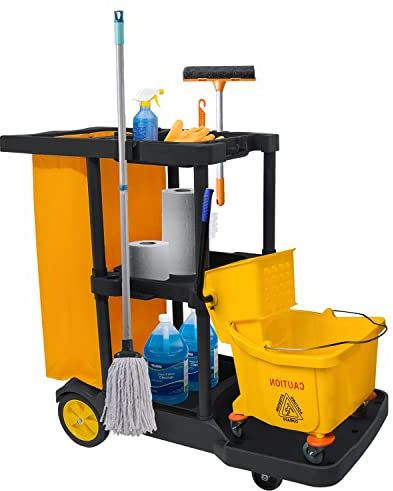 Bimiti Carro de limpieza profesional con bolsa extragrande, 113x56x93 cm, 3 niveles de gran capacidad, carrito de limpieza, bolsa de basura de 65 L, amarillo y negro