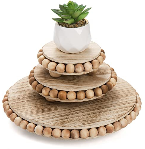 Peohud Set of 3 Wood Risers for Display, Farmhouse Wooden Pedestal Stand, Distressed Stool Plant Pot Holder, Beaded Display Riser for Tiered Tray Home Kitchen Counter Table Decor, 9.5/6/4 Inches