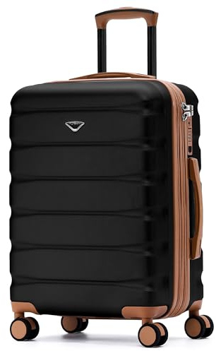 Flight Knight 24x16x10 Expandable Carry On Suitcase Hardside TSA Lock USB C Lightweight Luggage Silent Double Spinner Wheels Maximum Overhead Carry-On Bag For Virgin South West Approved Black/Tan
