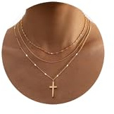 FUNEIA Collier Femme Or Multirang 14K Plaqué Or Femme Sautoir Colliers Long Fantaisie Boheme Cordon Collier pour Pendentif Croix et Rond Perle Chaine Idee Cadeau Anniversaire Bijoux Enfant Ado Fille