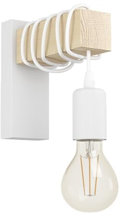 Eglo Lampada da parete Townshend, plafoniera vintage a uno punto luce, lampada da parete dal design industriale, lampada retrò in acciaio e legno, bianco, marrone, E27, certificazione FSC