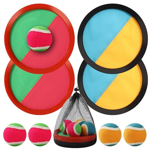 Klettballspiel,Klettball Strandspielzeug Ballspiele mit 4 Fangscheiben 4 Bälle und 1 Aufbewahrungstasche，Wurf und Fangspiel für Kinder ab3 4 5 6，Fangballspiel für Partys,Gärten,Outdoor Draußen Strand