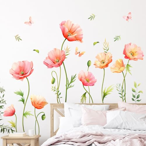 Large Flower Wall Stickers Pink Poppy Butterfly Floral Wall Decals | Wall Art Decor for Living Room Bedroom Office TV Sofa Backdrop Home