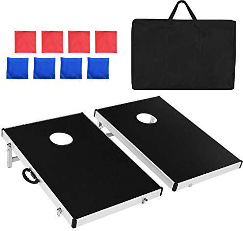 GOPLUS Tablero de Juego de Aleación de Aluminio, Juego de Lanzamiento Clásico de Cornhole para Niños y Adultos, 2 Tableros de Juego Plegable 90 x 60 cm con Asa Portátil, 8 Sacos de Arena y 1 Bolsa