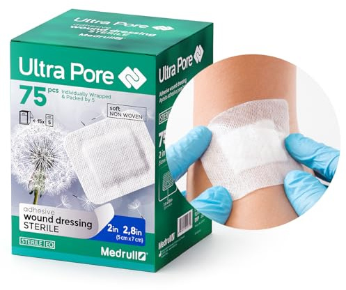 Medrull Wound Dressing Bandage 2x3 Ultra Pore 75 Count - Sterile Breathable Highly Absorbent Dressing Pad for First Aid and Wound Care - Latex Free - Small Bandages for Wounds Individually Wrapped
