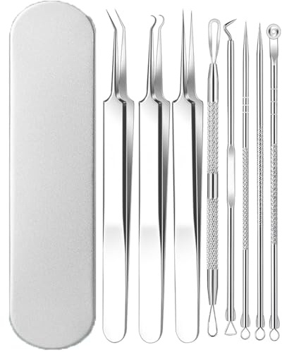 WUBAYI Herramienta para eliminar puntos negros, kit de 8 piezas de acero inoxidable para eliminar puntos negros, espinillas y acné, extractor profesional de comedones para el cuidado de la piel de