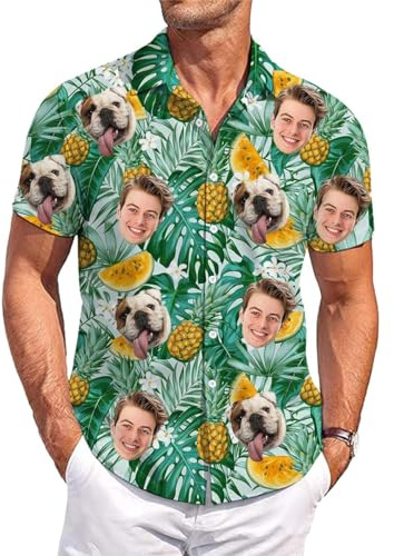 MOSGDBV Camisa Hawaiana Personalizado Camisa Hawaiana Personalizada para Hombre con Foto de Rostro Camisetas feas y Graciosas Tropical Verano Playa Vacaciones de Manga Corta Estilo Aloha