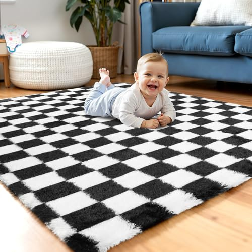Enyhom Tapis de salon à poils longs 120 x 180 cm Fluffy Tapis de salon à poils épais antidérapant lavable en machine à laver Motif carreaux Noir et blanc