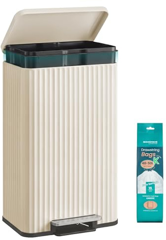 SONGMICS Pattumiera da cucina, 50 l, con pedale, coperchio a chiusura silenziosa e secchio interno rimovibile, in acciaio, 15 sacchi della spazzatura (codice K) inclusi, bianco crema LTB586LZ02
