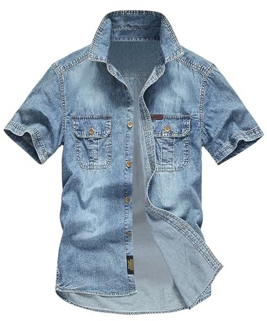 Camicia in jeans da uomo a maniche corte estiva in denim, a maniche corte, classica, con bottoni a pressione, per uomo, azzurro, vestibilità normale, a maniche corte, look usato, slim fit, per il