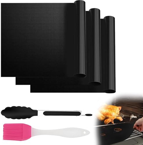 Juego de 5 alfombrillas para barbacoa, alfombrilla para horno, cepillo de silicona para riego y pinzas de nailon, se puede utilizar como alfombra de barbacoa, alfombra de horno y protección de placa