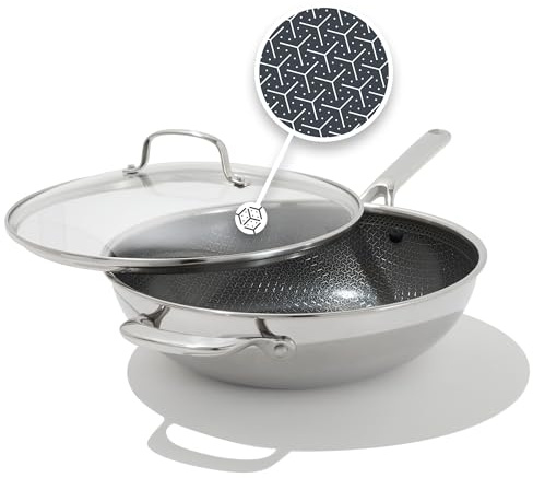 OXO Hybrid 12” Nonstick Wok with Glass Lid, PFAS-Free Ceramic Stir-Fry Pan, Induction & All Cooktop Compatible, Dishwasher Safe, Fusion Boost Tech for Powerful Searing, Mirror Polished Tri-Ply