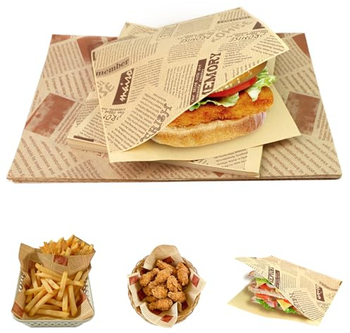 100 ark Deli-pappersblad, bakpapper med tidningsoptik, hamburgerpapper, fett och vattentätt matpapper, 18 x 18 cm + 30 x 20 cm, 50 ark vardera, för pommes, hamburgare, smörgås, BBQ & Street Food