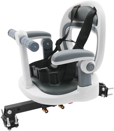 Gaabungky Siège de vélo avant pour enfant avec rotation à 360 °, siège de vélo pour enfant avec ceinture de sécurité et accoudoirs réglables, repose-pieds pliable, convient pour 6 mois à 8 ans (blanc