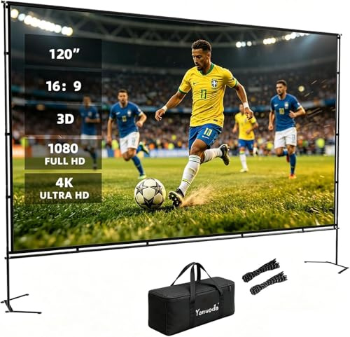 Pantalla de Proyector 120 con Soporte Reforsado - 4K HD 16:9 Anti-Arrugas, Montaje Rápido, para Interior/Exterior, Cine en Casa, Terraza y Eventos