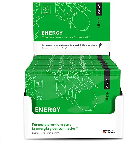 Vit2go ENERGY 30 Sobres - Bebida Energética Natural en Polvo con 124mg Cafeína, Guaraná & Ginseng | Sin Azúcar | Vitaminas B, Magnesio, Zinc | Vegano | Sin Bajón