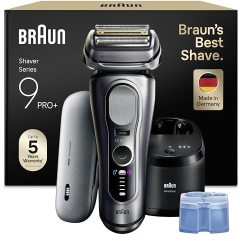 Braun Series 9 PRO+ Rasierer Herren Elektrisch, 5+1 Ultradünne Klingen, Rasierapparat mit 60 Min. Akku, Ladeetui, 6in1 SmartCare Center, Wet & Dry Elektrorasierer Made in Germany, 9677cce, Silber