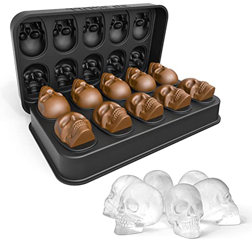 Spespo 3D Skull Ice Cube Tray with Lid,BPA Free Silicone Ice Cube Moulds Makes 10 Skulls,for Whiskey, Cocktail and Party Drinks Black