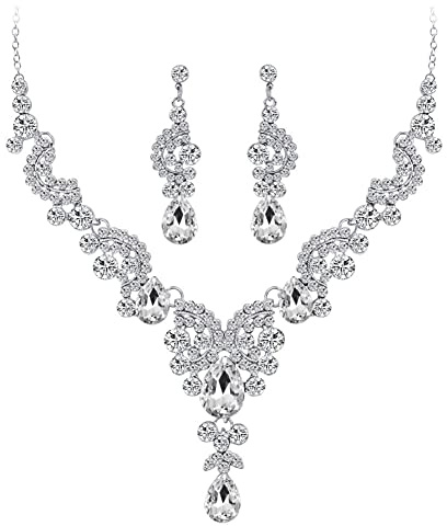 Wedity Sposa Matrimonio Collana di Cristallo Orecchini Set Floreale Girocollo Collane Gioielli a Forma di Lacrima per Donne e Ragazze (Argento)