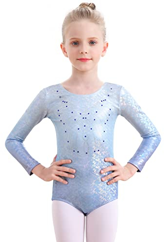 Monbessi Turnanzug Mädchen Langarm Glitzernde Kinder Gymnastikanzug Rundhalsausschnitt Dancewear 5-12 Jahre (110, Blau)