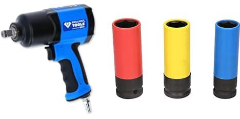 BRILLIANT TOOLS BT160100 Tournevis à percussion à air comprimé 1/2, 1 450 Nm [Powered by KS TOOLS] & BT691005 1/2 Set de douilles à chocs pour jantes aluminium, 17/19 / 21 mm, 3 pcs