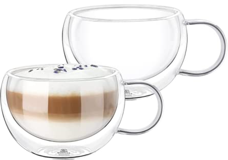 Wilmax - Verres thermiques avec anse - Lot de 2-250 ml - Verres à café à double paroi - Lot de verres à latte macchiato - Verres à cappuccino avec anse - Verres à thé - Verres à boire - Tasse thermo
